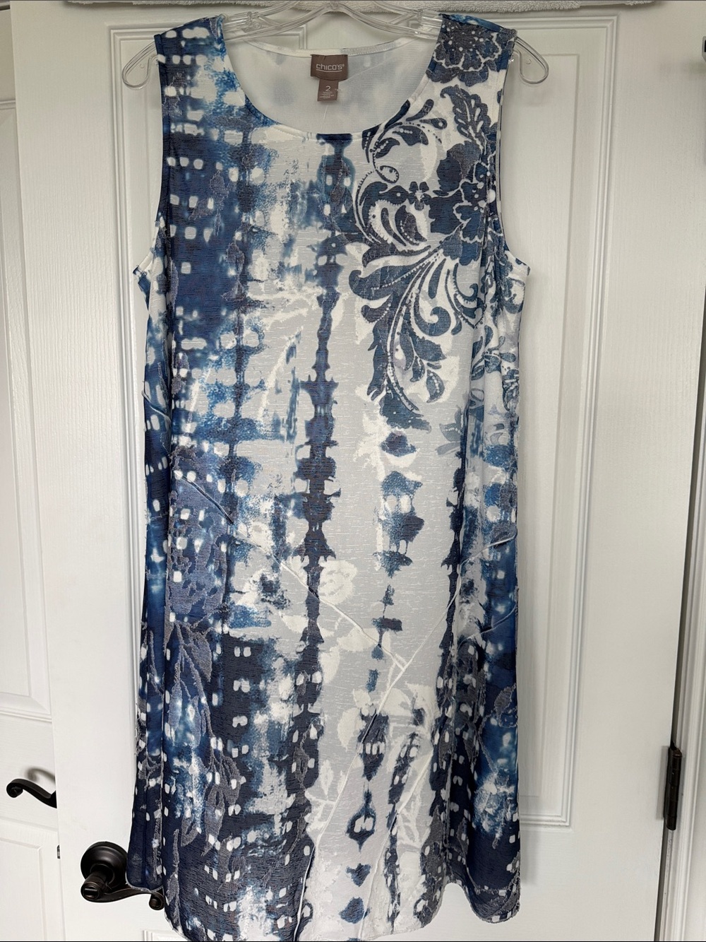 NWT Chico’s Tie Dye Baroque Sleeveless Swing Dress Cover-Up Blue White Size 2